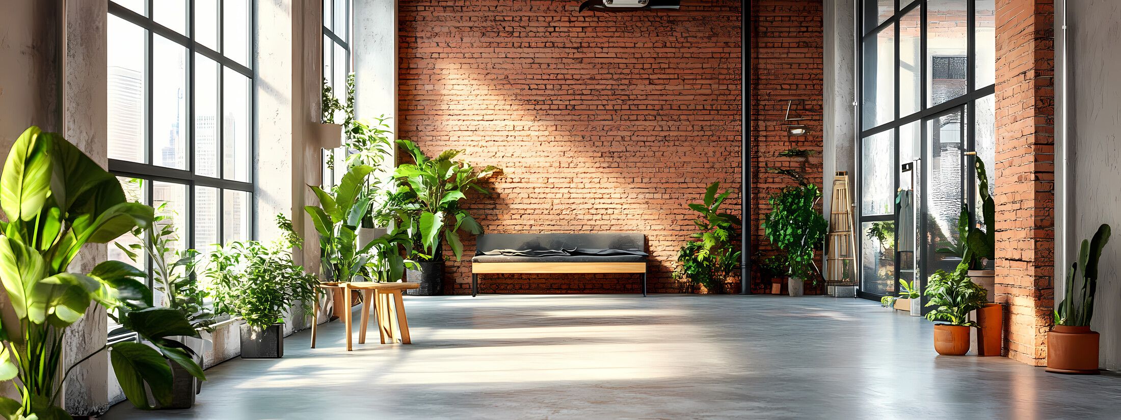 Helles, natürliches beleuchtetes Wohnzimmer mit natürlichen Wänden und vielen Zimmerpflanzen